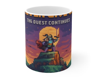 Taza "Nunca te rindas" con diseño pixel art de caballero y temática retro de videojuegos. Taza de café con temática de viaje del héroe. Regalo motivacional para jugadores.