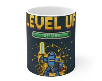 Level Up Mug Pixel Art Warrior Gaming Mug Retro RPG Gift Gamer Motivation Coffee Mug 8 Bit Hero Mug | Coffee Mug