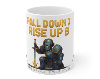 Fall Down 7 Rise Up 8 Pixel Art Knight Gamer T-Shirt Retro Motivational RPG Gaming Gift Perseverance Tee | Coffee Mug