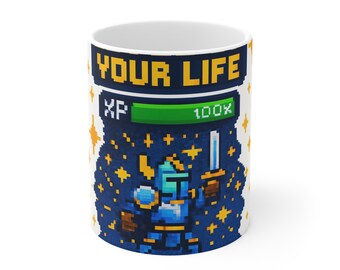 Level Up Your Life Pixel Art Coffee Mug | Retro Gaming Knight Mug | Gamer Gift 11oz | Coffee Mug
