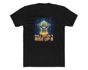 Camiseta Pixel Art Knight: Cae 7, levántate 8. Camiseta motivacional para gamers.