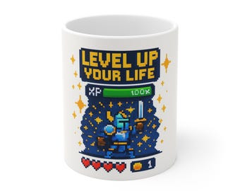Level Up Your Life Pixel Art Coffee Mug | Retro Gaming Knight Mug | Gamer Gift 11oz | Coffee Mug