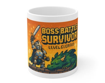 Boss Battle Survivor Mug Pixel Art Knight Gaming Coffee Mug Retro RPG Gift Gamer Motivational Cup | Coffee Mug