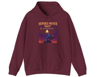 Heroes Never Quit Pixel Art Warrior T-Shirt Retro Gaming Motivational Gamer Gift Perseverance Hoodie | Hoodie