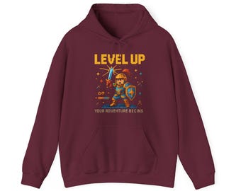 Level Up Pixel Art Knight Gaming T-Shirt Retro RPG Motivational Gamer Gift Hoodie Hero Adventure Tee | Hoodie