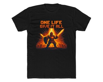 Camiseta Pixel Art Warrior: Camiseta motivacional de videojuegos retro, diseño de héroe caballero.