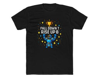 Camiseta retro motivacional de caballero gamer con el lema "Cae 7, levántate 8", inspirada en los juegos de rol. Camiseta de perseverancia.