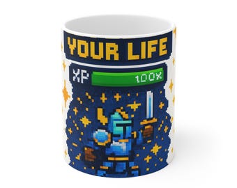Taza de café con diseño pixel art "Level Up Your Life" / Taza de caballero retro para gamers / Regalo para gamers de 325 ml / Taza de café