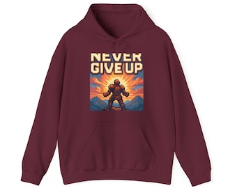 Never Give Up Pixel Art Warrior T-Shirt Retro Gaming Motivational Tee Hero RPG Gift Gamer Hoodie | Hoodie