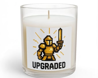 Upgraded Pixel Art Knight | Retro RPG Armor Upgrade Gaming | Glass Candle