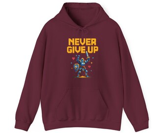 Never Give Up Pixel Art Warrior T-Shirt Retro Gaming Motivational Tee Hero RPG Gift Gamer Hoodie | Hoodie