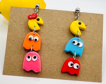 Pac-Man and Ms Pac-Man inspired polymer clay earrings