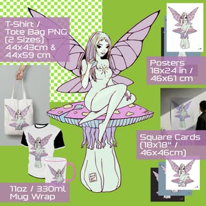 Puede incluir: Un gráfico digital que muestra a un hada con alas moradas sentada sobre una seta grande. La imagen muestra maquetas de productos que incluyen una bolsa de tela, una camiseta, una taza y carteles con dimensiones de 46x61 cm.