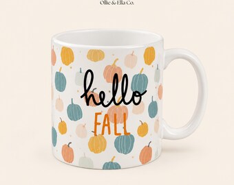 Hello Fall Pumpkin Mug | Cozy Autumn Coffee Drinkware (12 oz or 15 oz)