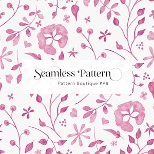Op de afbeelding: Een naadloos patroon met roze botanische illustraties in aquarel-stijl van bloemen, bladeren en kleine hartjes op een witte achtergrond. Een centraal wit rechthoekig vlak toont de tekst Seamless Pattern en Pattern Boutique PVB.