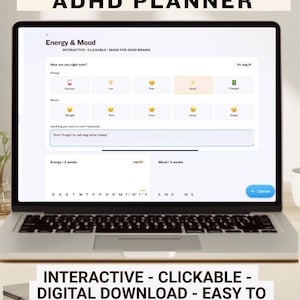 May include: A laptop screen displaying an All-In-One ADHD Planner digital interface. The screen shows an Energy and Mood tracker with interactive emoji buttons, a text input field for notes, and two-week summary charts for energy and mood.
