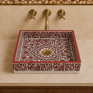 May include: A square ceramic vessel sink featuring a white base with intricate red floral and geometric patterns. The sink includes a central brass drain and is paired with a wall-mounted brass faucet featuring two cross-handle knobs.