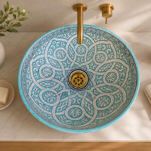 Turquoise Marokkaanse keramische waskom, handbeschilderd Fez-aardewerk, Moorse badkamerdecoratie
