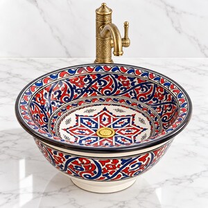 Hand-Painted Ceramic Vessel Sink, Red-and-Blue Arabesque Washbasin, Decorative Bathroom Countertop, Traditional Handcrafted Moroccan Pottery