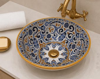 Vessel Sink Moroccan Ceramic Hand Painted Fez Pottery Colorful Bathroom Vanity Countertop Basin Handmade