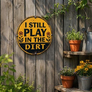 May include: A round yellow metal sign with a black border and black text that reads I STILL PLAY IN THE DIRT. The sign features two small orange flower illustrations on the left and right sides and is mounted with four silver screws.