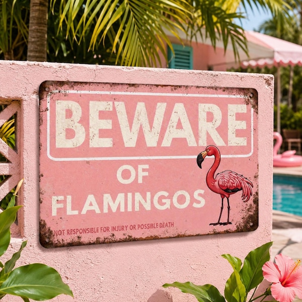 Beware Flamingos Metal Sign, Funny Flamingo Pool Patio Decor