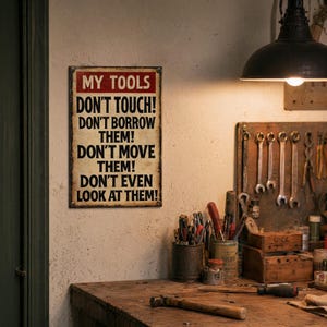 May include: A rectangular metal sign with a distressed finish featuring the red and white text MY TOOLS followed by black text that reads DON'T TOUCH! DON'T BORROW THEM! DON'T MOVE THEM! DON'T EVEN LOOK AT THEM! The sign has four small corner holes.