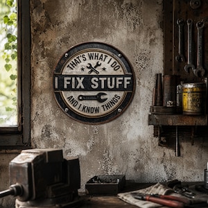 Funny Mechanic Metal Sign, I Fix Stuff And Know Things Garage Decor