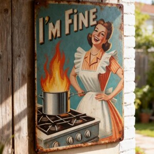 Retro Metal Kitchen Sign, Vintage Housewife "I'm Fine" Cooking Decor