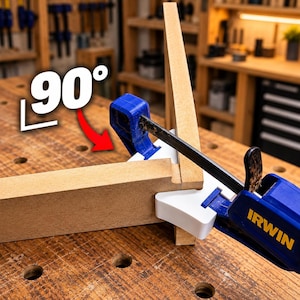 May include: A blue and white corner clamp holding two pieces of light brown wood at a 90-degree angle. The clamp features the brand name IRWIN in yellow text on its side, with a white plastic corner guide and a metal bar mechanism for tightening.