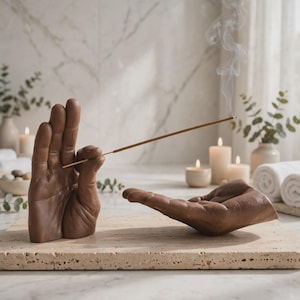 May include: A brown, sculpted incense holder featuring two hands, one positioned vertically and one horizontally, resting on a rectangular stone base. A single lit incense stick is held between the fingers of the vertical hand, emitting smoke.