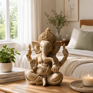 Peut inclure: Une statue de Ganesh beige et texturée en position assise avec quatre bras, une couronne ornée et une trompe courbée vers la gauche. La figurine présente des bijoux détaillés et des marques traditionnelles, présentée comme une sculpture décorative.