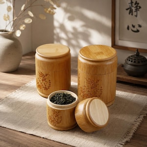 Peut inclure: Deux boîtes à thé cylindriques en bambou avec couvercles assortis et une boîte ouverte remplie de feuilles de thé vert. Chaque récipient présente une finition en bois clair et une gravure laser détaillée d'un oiseau.