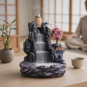 May include: A dark gray rock-shaped incense burner featuring a cascading waterfall effect with white smoke. The structure includes a small stone house with a brown roof, a pink-flowered tree, and a lit incense cone at the top peak.