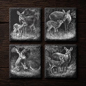 May include: A set of four square slate coasters, each featuring a detailed white etched illustration of a deer and a fawn in a forest setting. The designs depict the animals in various poses, including standing, resting, and interacting in nature.