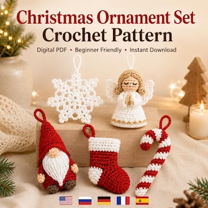 Conjunto de patrones de adornos navideños de ganchillo: copo de nieve, ángel, gnomo, calcetín navideño y bastón de caramelo (descarga en PDF).