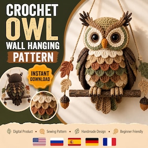 Schema per arazzo da parete a forma di gufo all'uncinetto, decorazione amigurumi a tema bosco, adatto ai principianti (download immediato)