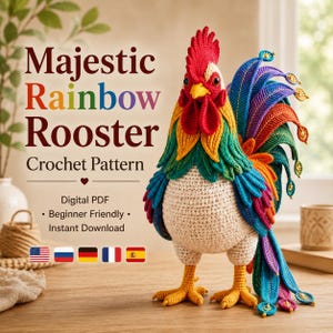 May include: A crochet rooster with a red comb, yellow beak, and a multi-coloured tail featuring blue, green, orange, and purple feathers. Text reads: Majestic Rainbow Rooster Crochet Pattern, Digital PDF, Beginner Friendly, Instant Download.