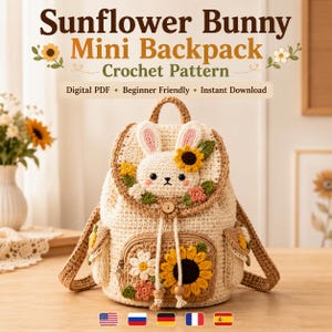 Peut inclure: Un mini sac à dos en crochet couleur crème avec un visage de lapin sur le rabat, orné de tournesols et de petites fleurs. Le texte indique : Sunflower Bunny Mini Backpack Crochet Pattern. Digital PDF, Beginner Friendly, Instant Download.