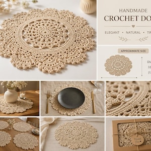 Handgjord virkad duk beige spets bordsunderlägg boho bordsdekor runt bordsdekoration heminredning
