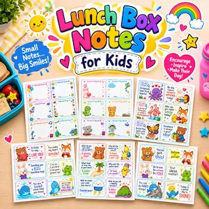 Puede incluir: Una colección de tarjetas impresas coloridas tituladas Lunch Box Notes for Kids, que presentan varias ilustraciones de animales, temas espaciales y arcoíris. Las tarjetas incluyen espacios en blanco para escribir mensajes, datos curiosos y frases alentadoras para niños.