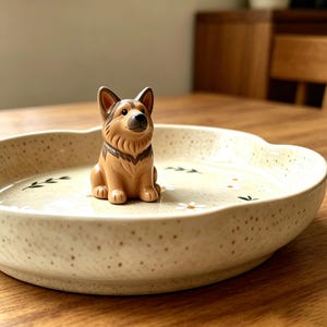 May include: A round, cream-colored ceramic trinket dish with a speckled finish, featuring a small, sculpted German Shepherd dog figurine in the center. The dish is decorated with painted white daisy flowers and green leaf sprigs on the interior base.