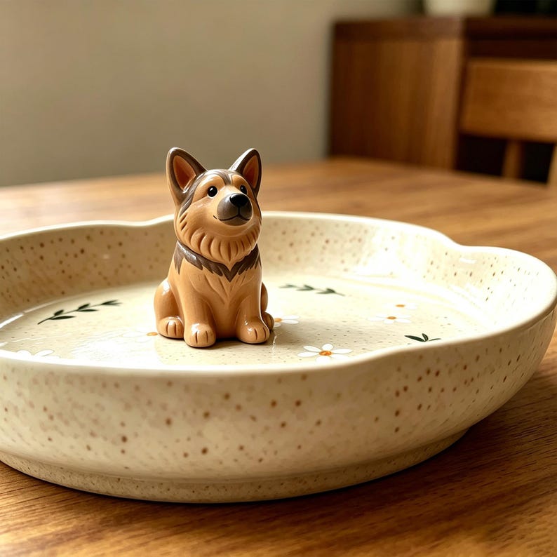 May include: A round, cream-colored ceramic trinket dish with a speckled finish, featuring a small, sculpted German Shepherd dog figurine in the center. The dish is decorated with painted white daisy flowers and green leaf sprigs on the interior base.
