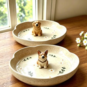May include: Two round, speckled ceramic trinket dishes with scalloped edges. Each dish features a small, three-dimensional dog figurine in the center, one a golden retriever and the other a corgi, surrounded by painted white daisies and green leaves.