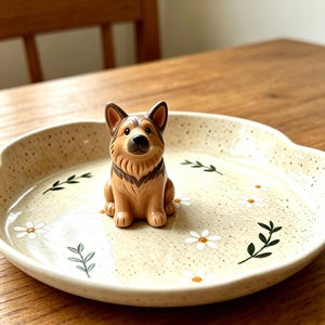 May include: A ceramic trinket dish with a speckled cream finish, featuring a small, three-dimensional German Shepherd figurine in the center and a pattern of white daisy flowers and green leafy sprigs printed across the surface.
