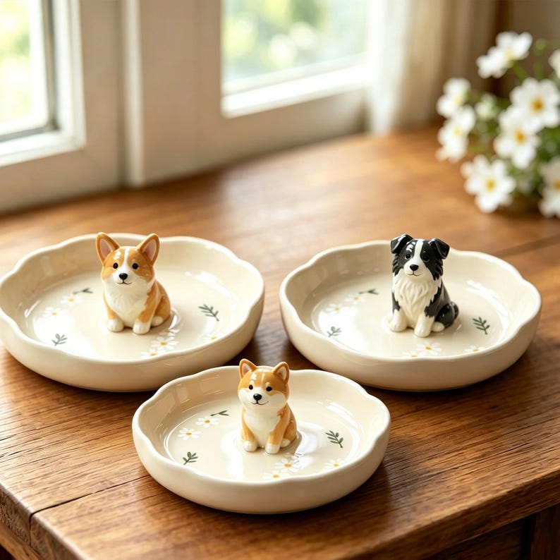 May include: Three round, cream-colored ceramic trinket dishes with scalloped edges. Each dish features a small, three-dimensional dog figurine in the center: a tan and white Corgi, a black and white Border Collie, and a tan Shiba Inu. White daisy motifs.