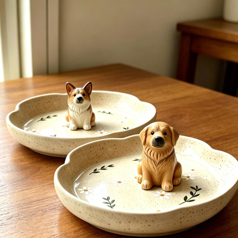 May include: Two round, speckled cream-colored ceramic trinket dishes with scalloped edges. Each dish features a central three-dimensional dog figurine, one a Corgi and the other a Golden Retriever, surrounded by painted white daisy and leaf motifs.