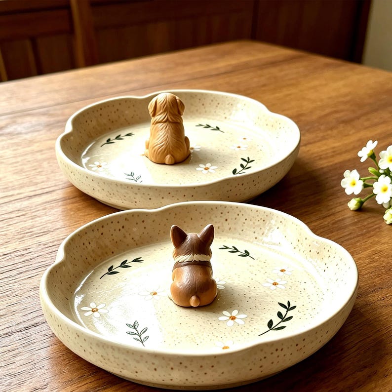 May include: Two round, cream-colored ceramic trinket dishes with scalloped edges and a speckled finish. Each dish features a small, three-dimensional dog figurine in the center, surrounded by painted white daisy flowers and green leafy sprigs.
