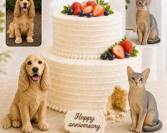 Custom dog wedding cake toppers, personalized cat birthday figurines, handmade clay pet sculptures for anniversary gifts