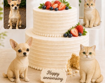 Custom dog wedding cake toppers, personalized cat birthday figurines, handmade clay pet sculptures anniversary gifts